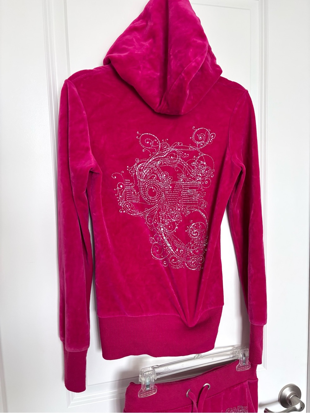 Vintage Y2K One Love Hot Pink Velour Rhinestone Hoodie Flare Pants Set Small XS - Picture 2 of 16